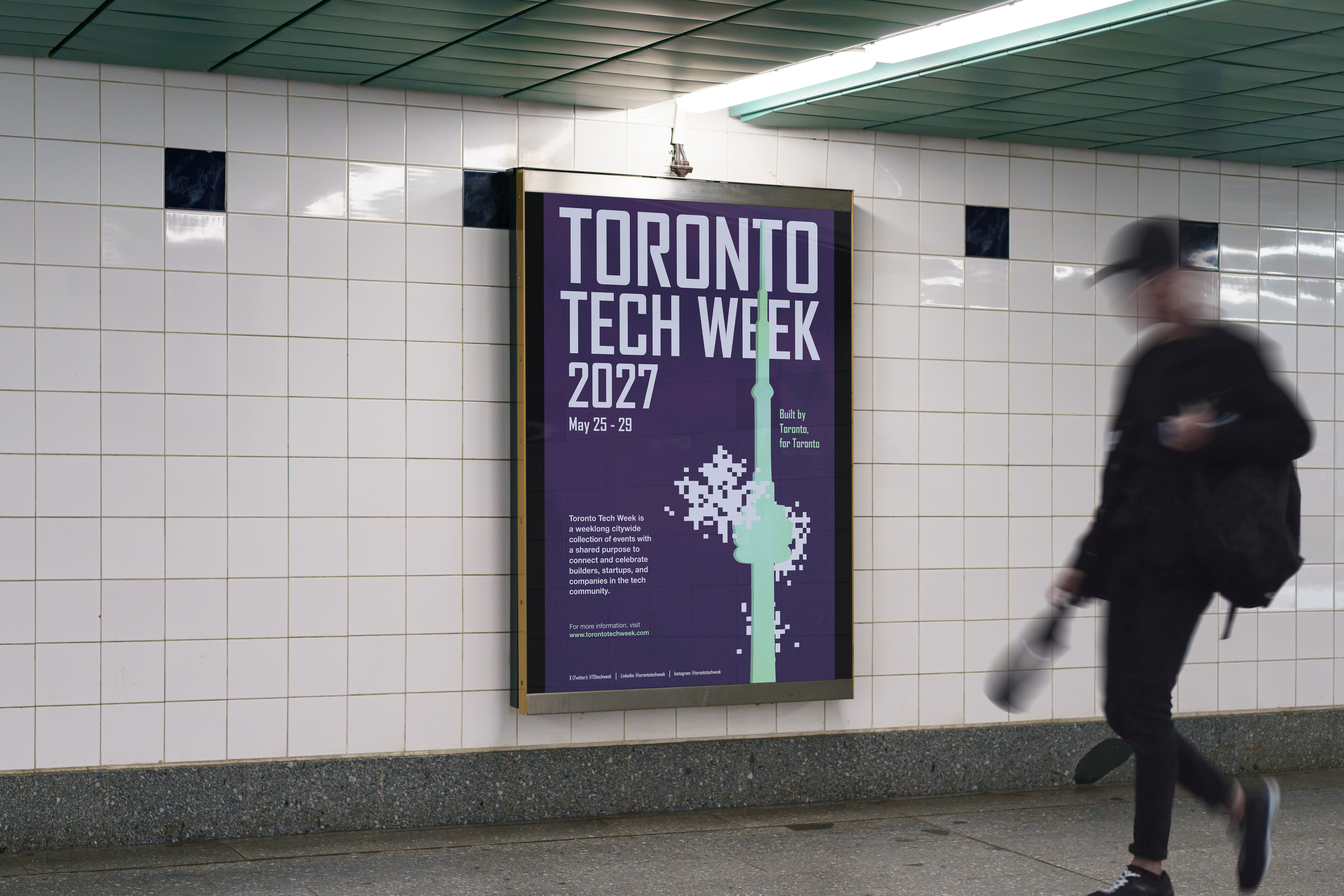 Large urban outdoor billboard mockup in downtown Toronto showing bold Toronto Tech Week rebranding campaign